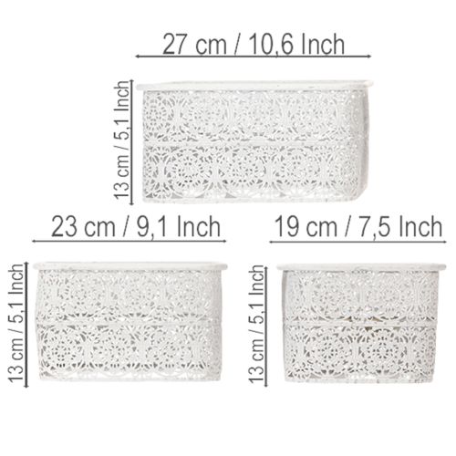 Product Metal bowls with lace pattern, decorative container, square, shabby chic, white, 27/23/19cm, H13.5cm, set of 3