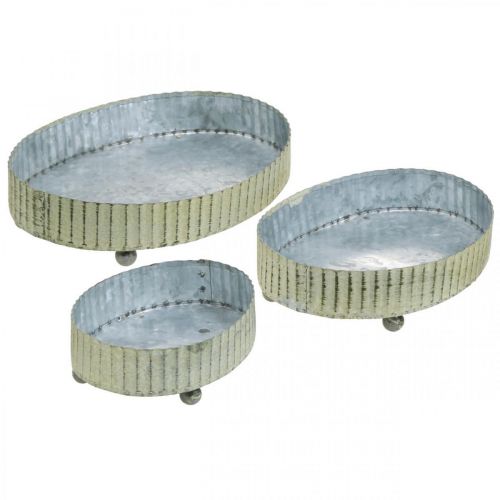 Product Tray for decorating, candle tray oval, metal decoration silver, green shabby chic L25/22/18cm H6cm set of 3