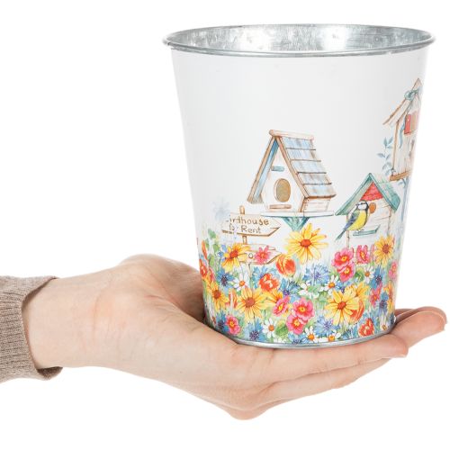 Product Metal pot with motif, planter with birdhouses, tin bucket H13cm Ø11.5cm