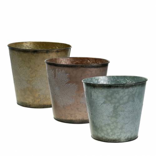 Decorative plant pot with leaves zinc metallic gray, orange, brown Ø18.5cm H15.5cm 3pcs