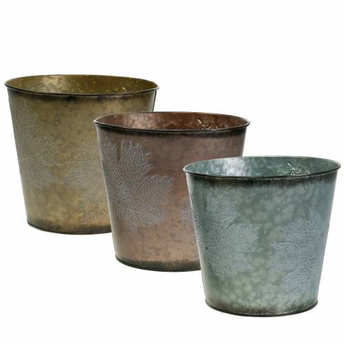 Floristik24 Decorative plant pot with leaves zinc metallic gray, orange, brown Ø26cmH22cm 3pcs