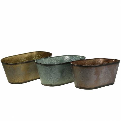 Floristik24 Decorative plant pot with leaves oval zinc metallic gray, orange, brown 38 × 20cm H15cm 3pcs