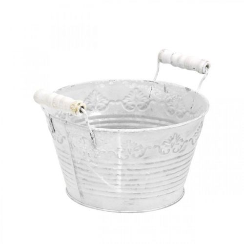 Decorative bowl for planting, pot with wooden handles, metal decoration white, silver Ø16.5cm H12.5cm W20cm