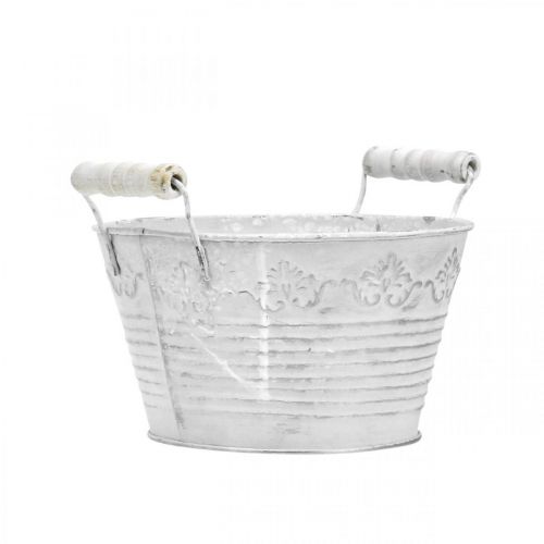 Floristik24 Decorative bowl for planting, pot with wooden handles, metal decoration white, silver Ø16.5cm H12.5cm W20cm