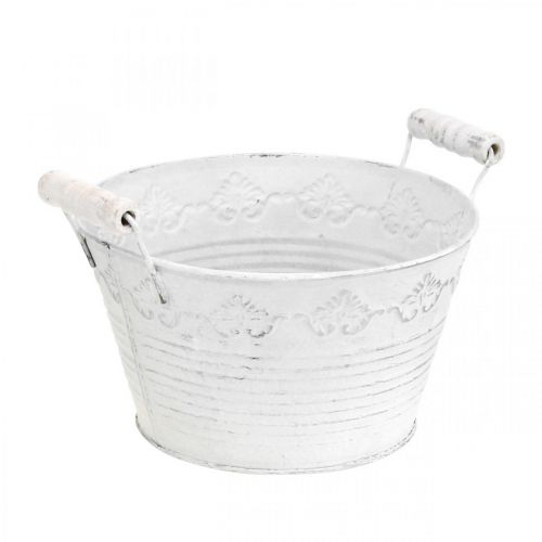 Floristik24 Embossed planter, decorative bowl with wooden handles, metal pot white, silver Ø18.5cm H12cm W22cm