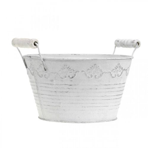 Floristik24 Embossed planter, decorative bowl with wooden handles, metal pot white, silver Ø18.5cm H12cm W22cm