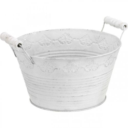 Floristik24 Metal vessel, decorative bowl with pattern, plant pot with wooden handles white, silver Ø21.5cm H14.5cm W24.5cm