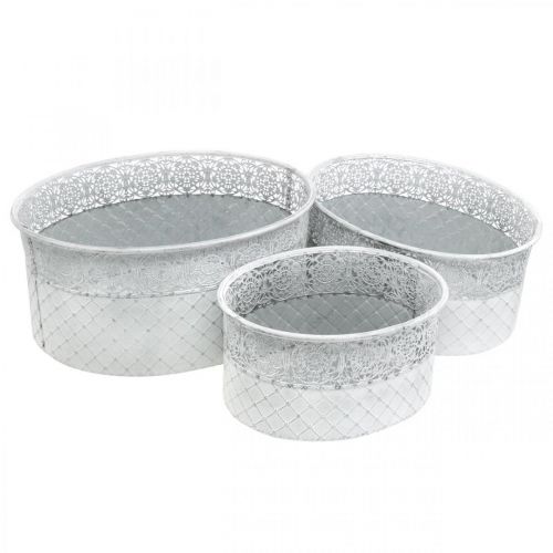 Bowl for planting, metal vessel with lace pattern, decorative pot oval white, silver shabby chic L41.5/35/29.5 cm H19/16/14.5 cm set of 3