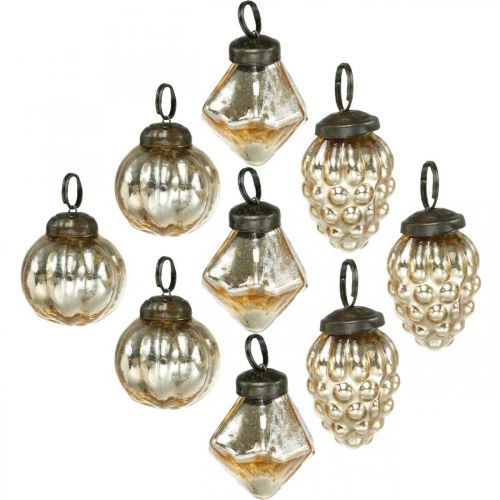 Mini tree balls, diamond / ball / cone, tree hangings mix antique look Ø3–3.5cm H4.5–5.5cm 9pcs