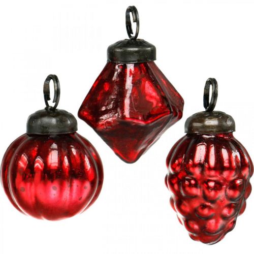 Floristik24 Mini tree decoration mix, diamond / ball / cone, glass balls antique look Ø3–3.5cm H4.5–5.5cm 9pcs
