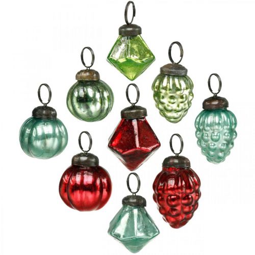 Mini Christmas tree ball mix, diamond / ball / cone, glass balls antique look Ø3–3.5cm H4.5–5.5cm 9pcs