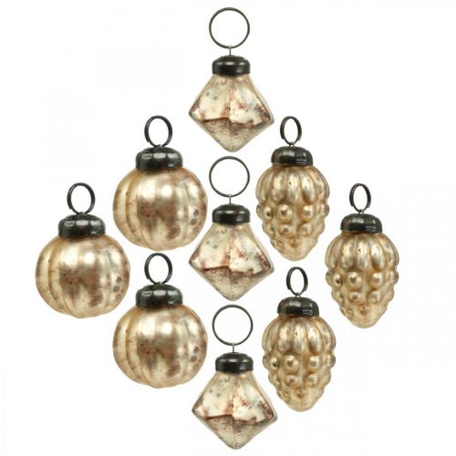 Mini glass ball mix, diamond / ball / cone, tree decorations, antique look Ø3–3.5cm H4.5–5.5cm 9pcs