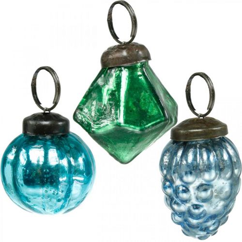 Product Mini glass ball mix, diamond/ball/cone, Christmas tree decoration antique look Ø3–3.5 cm H4.5–5.5 cm 9 pieces