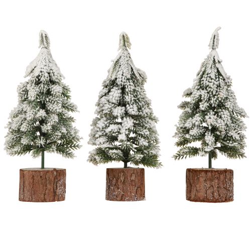 Mini Christmas Tree Wooden Base Green White Ø8cm H18cm 3pcs | Floristik24.ie