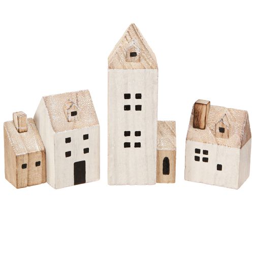 Mini Christmas Village Wooden Decoration White Natural H13/7cm 6 pcs