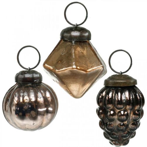 Floristik24 Mini Christmas balls, diamond / ball / cone, glass pendants mix, antique look Ø3–3.5cm H4.5–5.5cm 9pcs