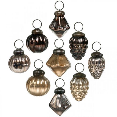Mini Christmas balls, diamond / ball / cone, glass pendants mix, antique look Ø3–3.5cm H4.5–5.5cm 9pcs