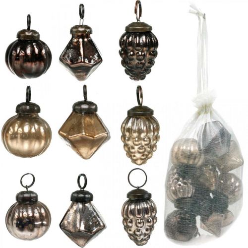 Floristik24 Mini Christmas balls, diamond / ball / cone, glass pendants mix, antique look Ø3–3.5cm H4.5–5.5cm 9pcs