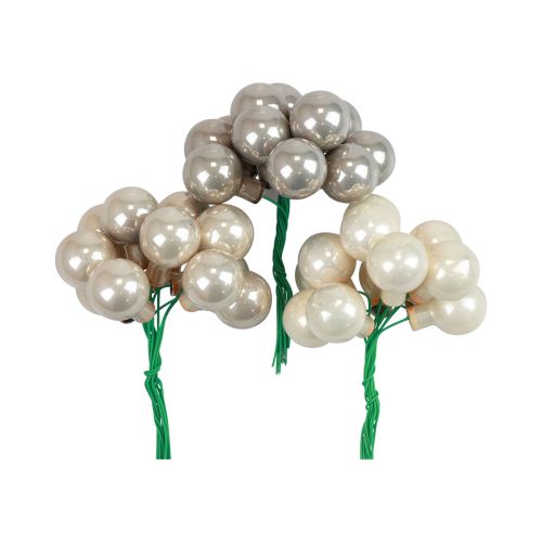 Mini Christmas balls on wire glass cream grey Ø2cm 140 pcs