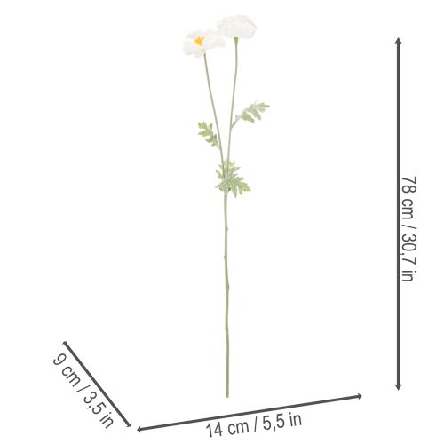 Artificial poppy, white, long stem, 78cm, 3 pieces | Floristik24.ie