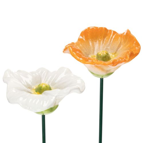 Ceramic poppy sculptures, blossoms in an artistic design for the garden, 52cm, 2 pieces