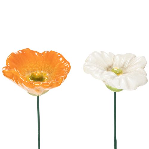 Garden stake poppy flower ceramic decoration for spring garden design 32cm 6pcs
