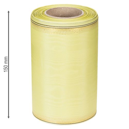 Product Moiré wreath ribbon 150mm 25m in light green with gold edge for floristry and decoration