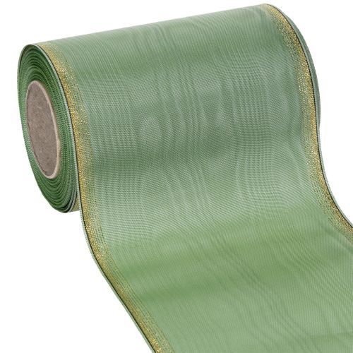 Floristik24 Moiré wreath ribbon sage green with gold edge, 150mm x 25m, decorative ribbon for floristry and wreaths