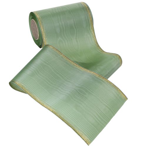 Product Moiré wreath ribbon sage green with gold edge, 150mm x 25m, decorative ribbon for floristry and wreaths