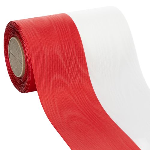 Product Moiré wreath ribbon, mourning ribbon white-red, decorative ribbon 150mm, memorial ribbon mourning fleur, acetate taffeta 25m