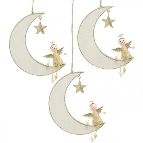 Advent decoration, angel on moon, wooden decoration for hanging white, golden H14.5cm W21.5cm 3 pcs