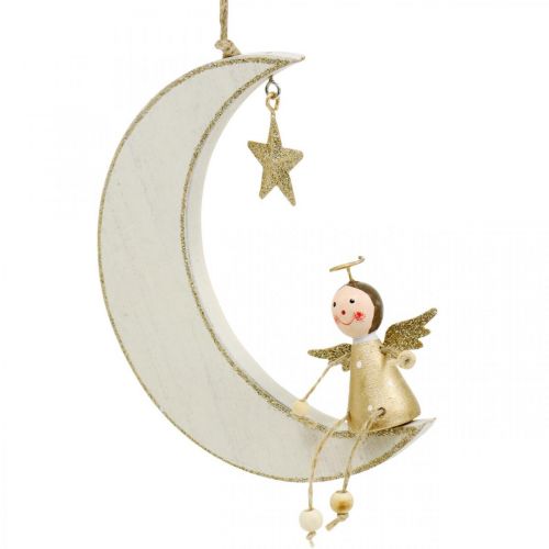 Floristik24 Advent decoration, angel on moon, wooden decoration for hanging white, golden H14.5cm W21.5cm 3 pcs
