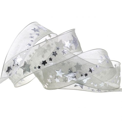 Floristik24 Deco ribbon organza with star motif gray 25mm 20m
