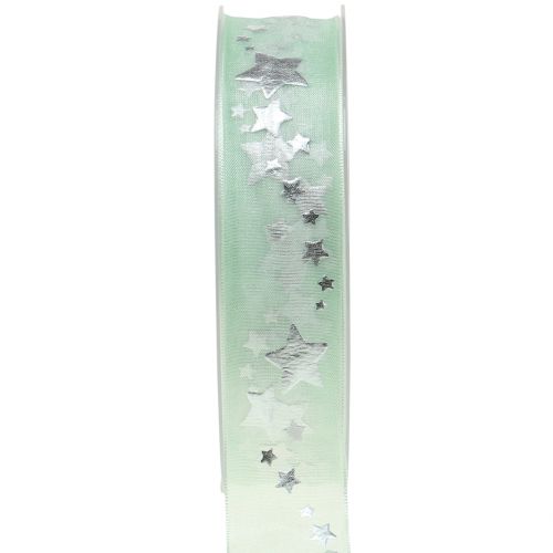 Floristik24 Decorative ribbon organza with star motif light green 25mm 20m