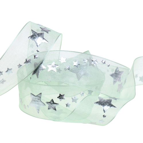 Floristik24 Decorative ribbon organza with star motif light green 25mm 20m