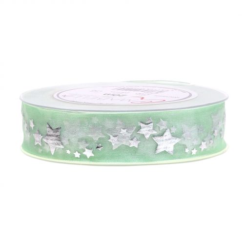 Floristik24 Decorative ribbon organza with star motif light green 25mm 20m