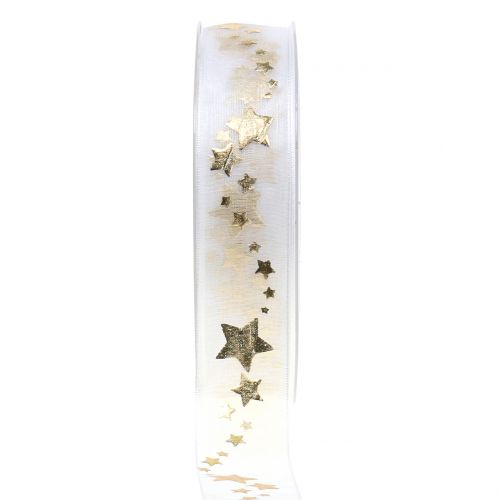 Floristik24 Decorative ribbon organza with star motif white 25mm 20m
