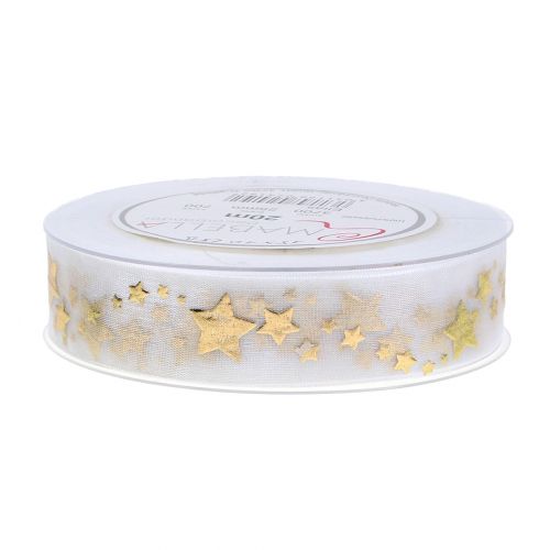 Floristik24 Decorative ribbon organza with star motif white 25mm 20m