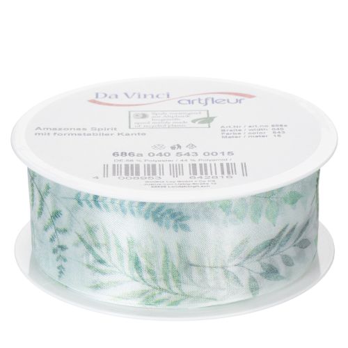 Product Organza ribbon, chiffon ribbon, leafy branches, green, 40mm, 15m