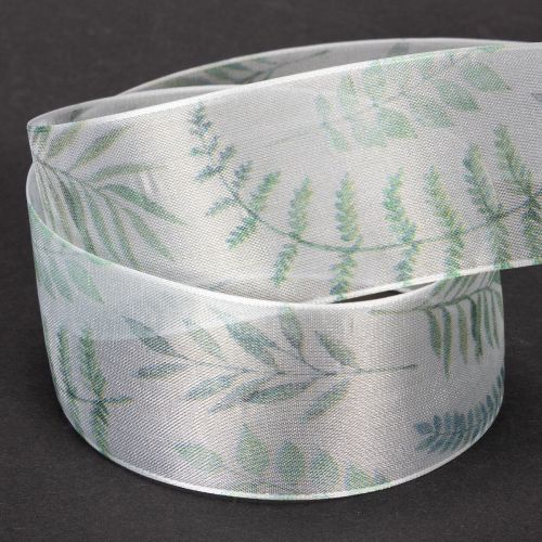 Product Organza ribbon, chiffon ribbon, leafy branches, green, 40mm, 15m