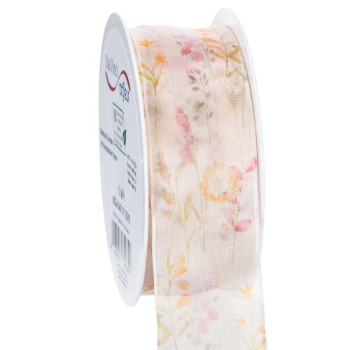 Organza ribbon, chiffon ribbon, floral, orange/pink, 40mm, 15m
