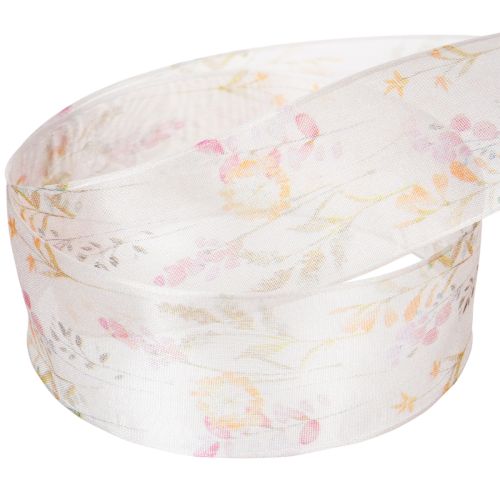 Product Organza ribbon, chiffon ribbon, floral, orange/pink, 40mm, 15m