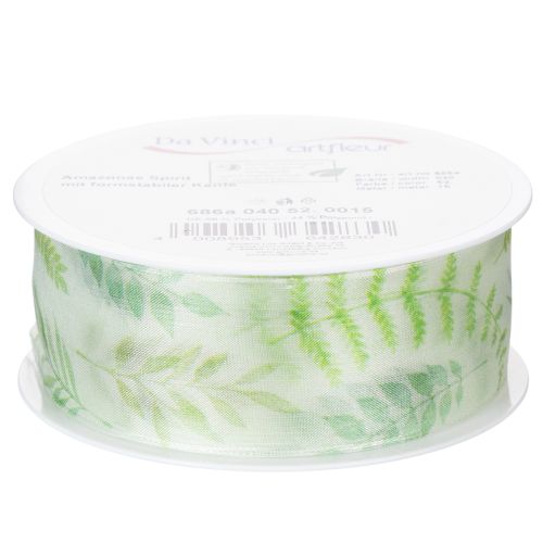 Product Organza ribbon, chiffon ribbon, green with leaf tendrils, 40mm wide, 15m long
