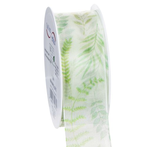Floristik24 Organza ribbon, chiffon ribbon, green with leaf tendrils, 40mm wide, 15m long