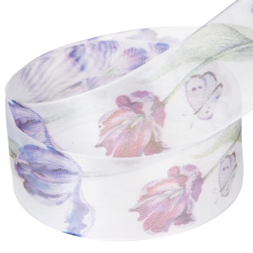 Product Organza ribbon, chiffon ribbon, parrot tulips, purple, 40mm, 18m