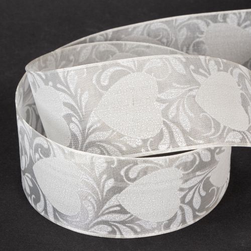 Product Organza ribbon, cream, decorative ribbon with hearts, 40mm wide, 15m long