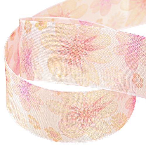 Product Organza Ribbon with Flowers Gift Ribbon Apricot 40mm 15m