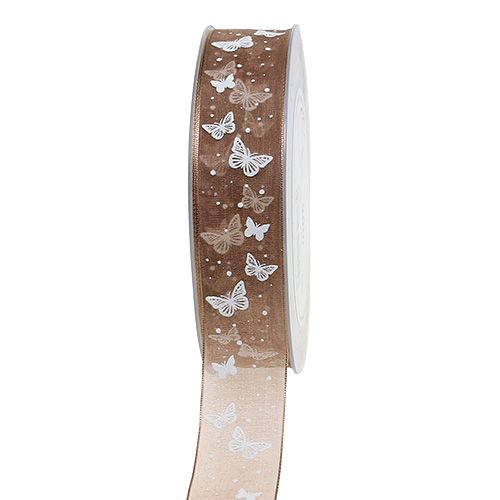 Floristik24 Organza ribbon with butterfly brown 25mm 20m