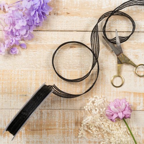 Product Organza ribbon with stripes, gift ribbon, black, 15mm wide, 20m long