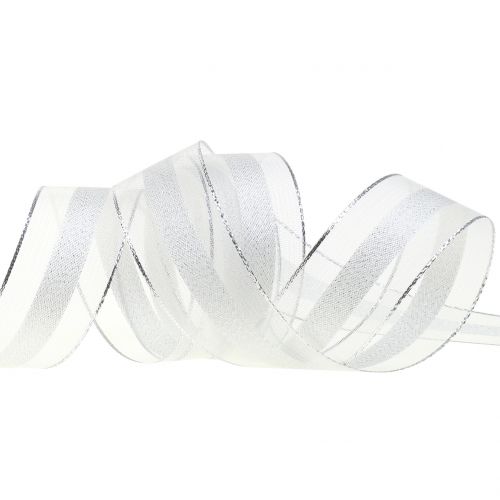 Floristik24 Organza ribbon with stripes pattern white 25mm 20m